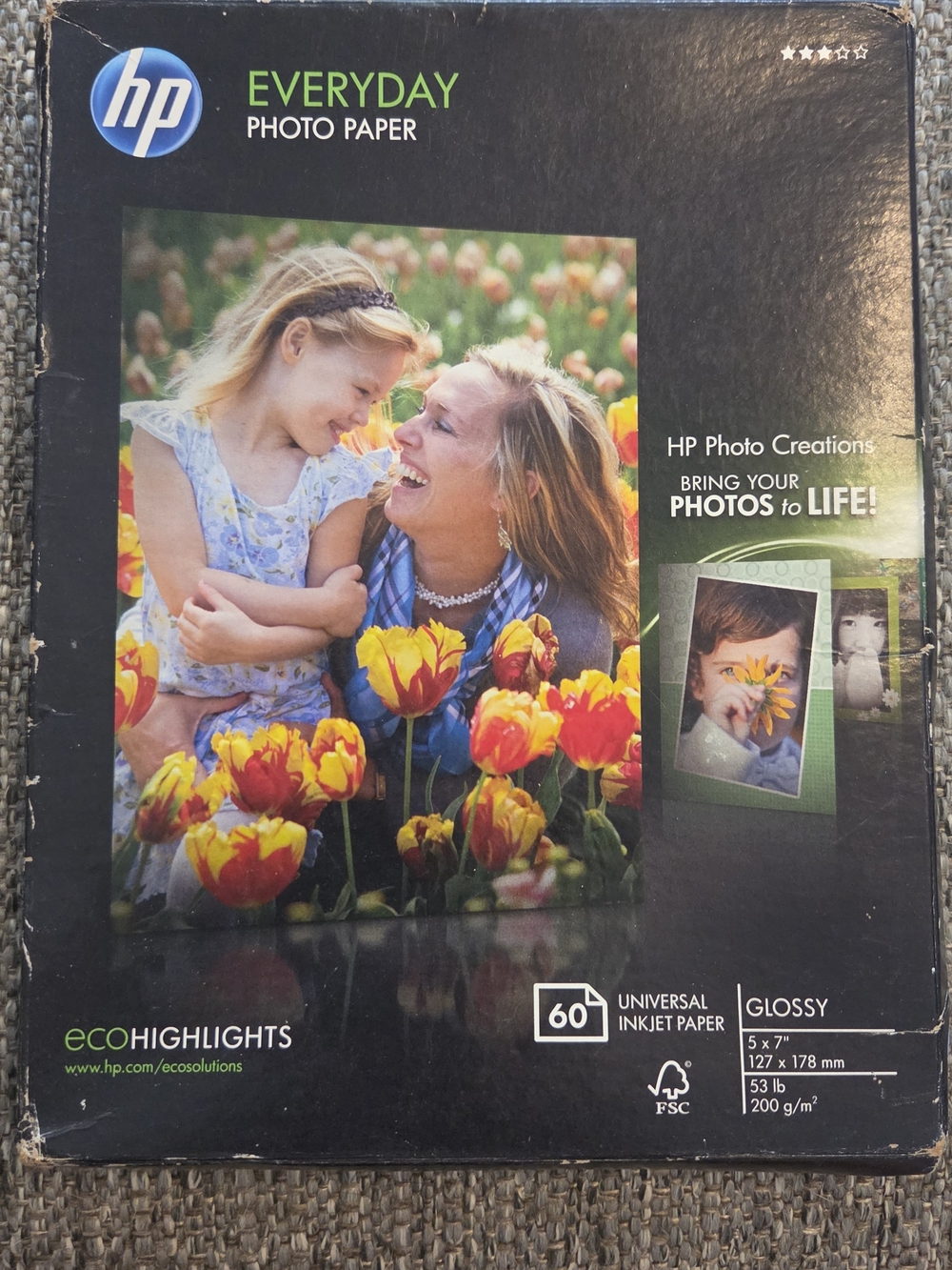 HP Everyday Photo Paper Glossy Black Packaging with Colorful Tulip Photo